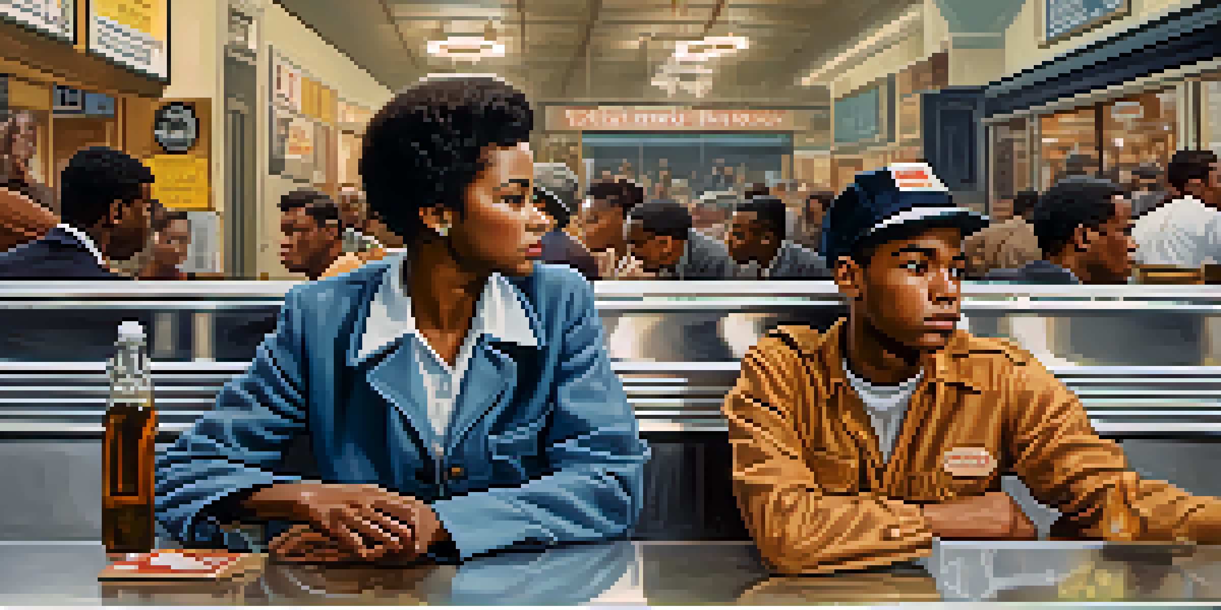 A group of young African American students participating in a peaceful sit-in at a lunch counter, showcasing determination and unity during the Civil Rights Movement.