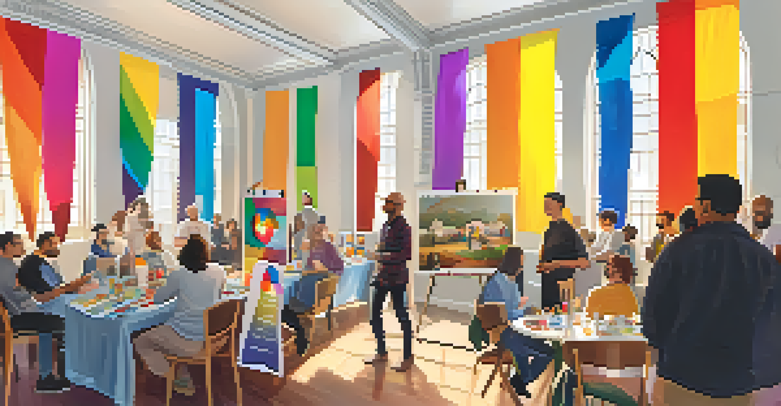 A church community event focused on LGBTQ+ advocacy, showcasing people engaging in discussions and informational materials in a supportive environment.