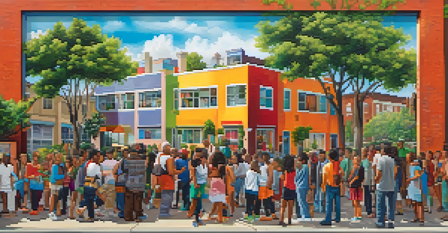 A colorful mural on a building illustrating a community scene with diverse faces and elements, surrounded by residents and greenery.