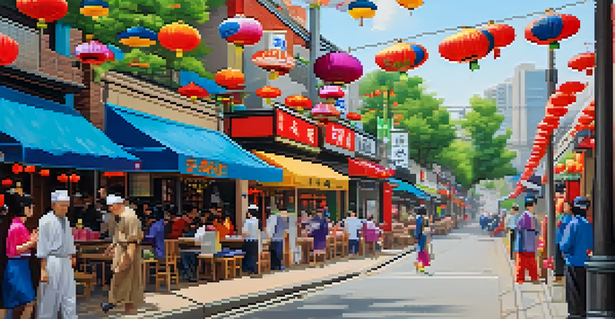 A busy street in Atlanta's Korean neighborhood with colorful restaurants and people celebrating a cultural festival.