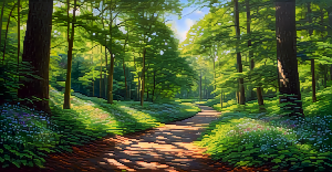 A winding forest trail surrounded by greenery and wildflowers, with sunlight filtering through the leaves and a view of the city skyline in the background.