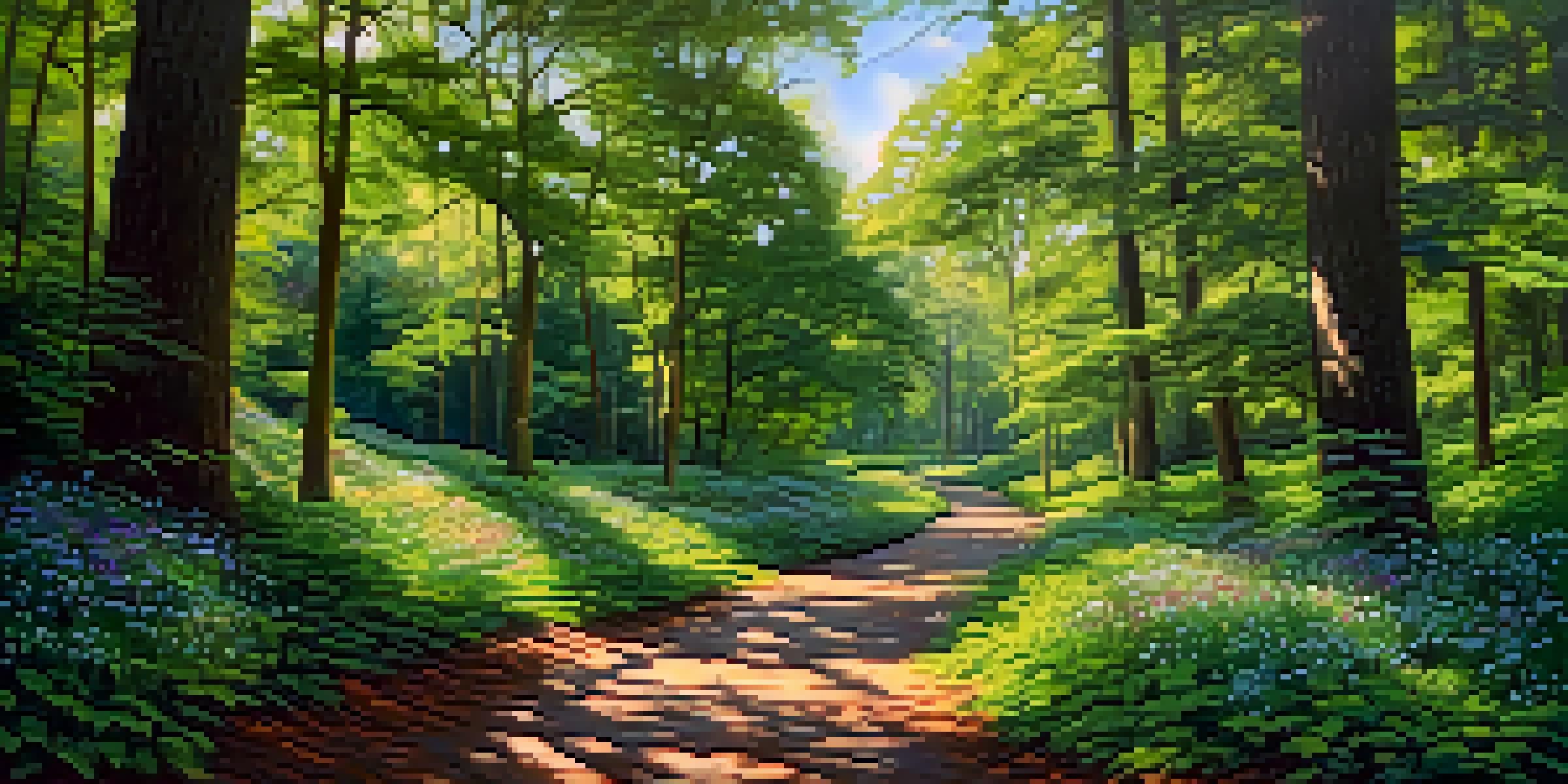 A winding forest trail surrounded by greenery and wildflowers, with sunlight filtering through the leaves and a view of the city skyline in the background.