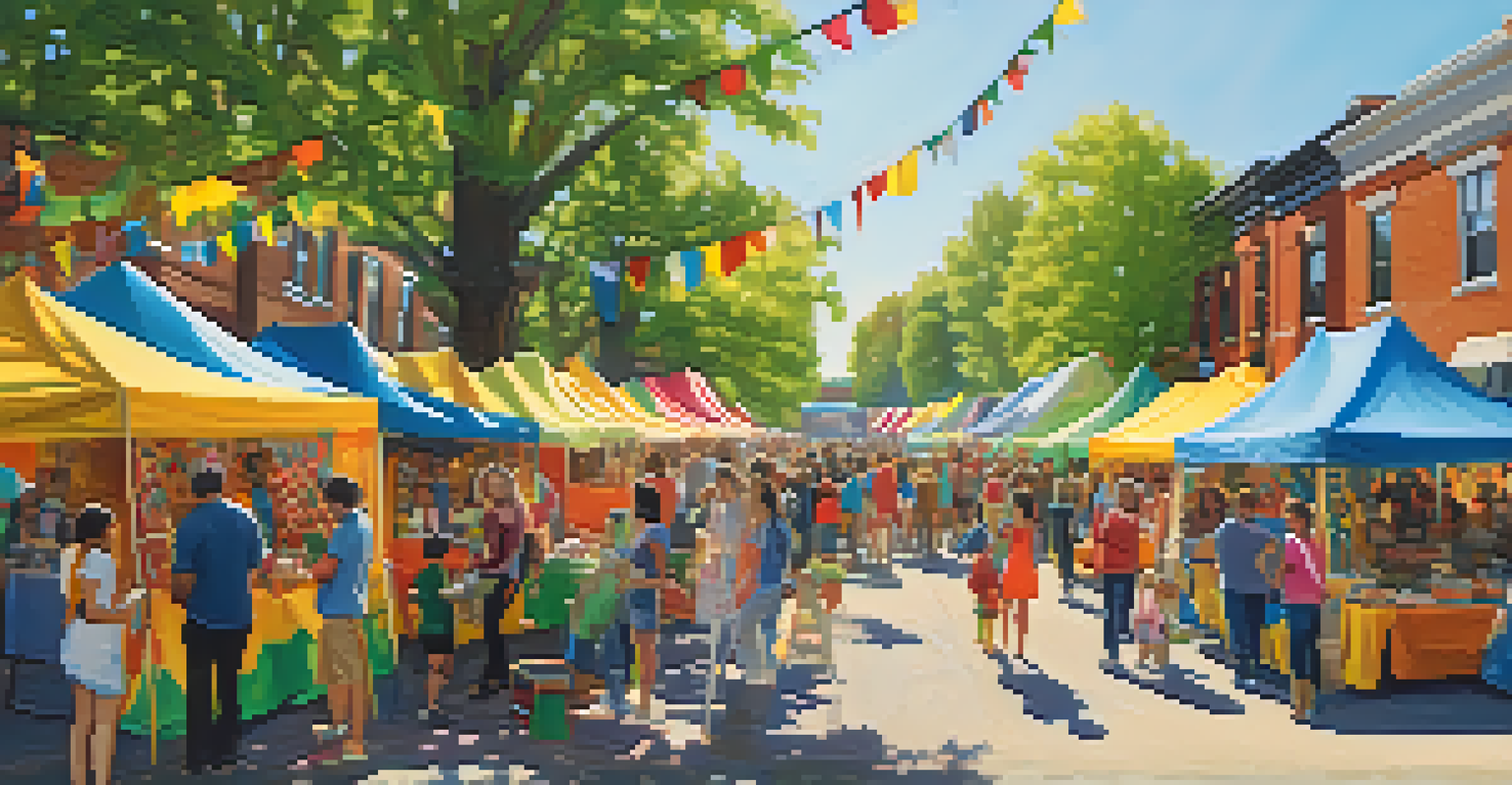 A bustling community festival in Cabbagetown with tents, artisans, live music, and families enjoying food and activities under a sunny sky.