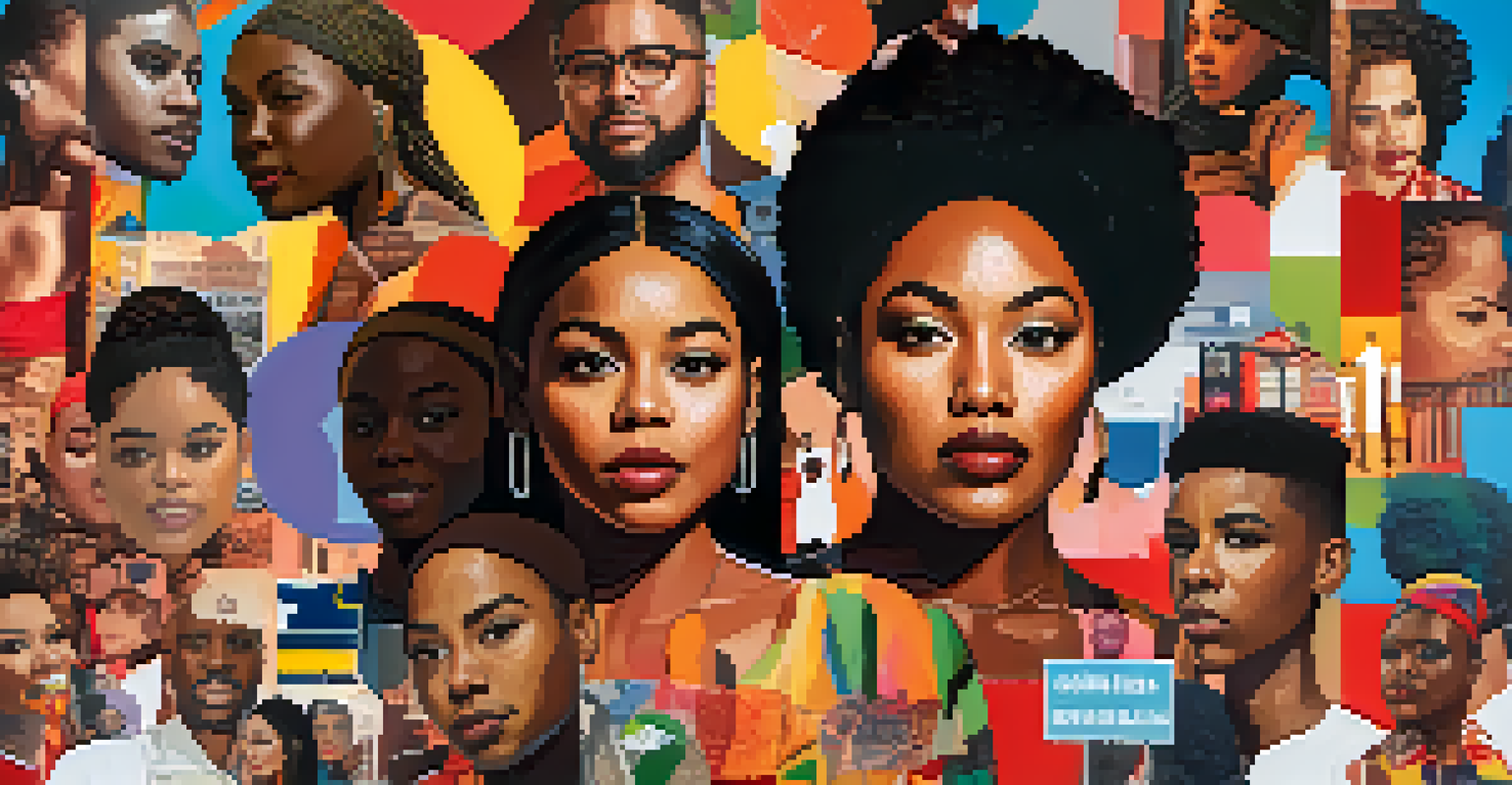 A digital collage showcasing diverse faces and social justice symbols, representing intersectionality in Atlanta's activism.