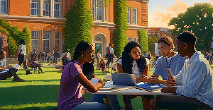 A group of diverse students discussing outdoors on a university campus during sunset, with historic buildings in the background.