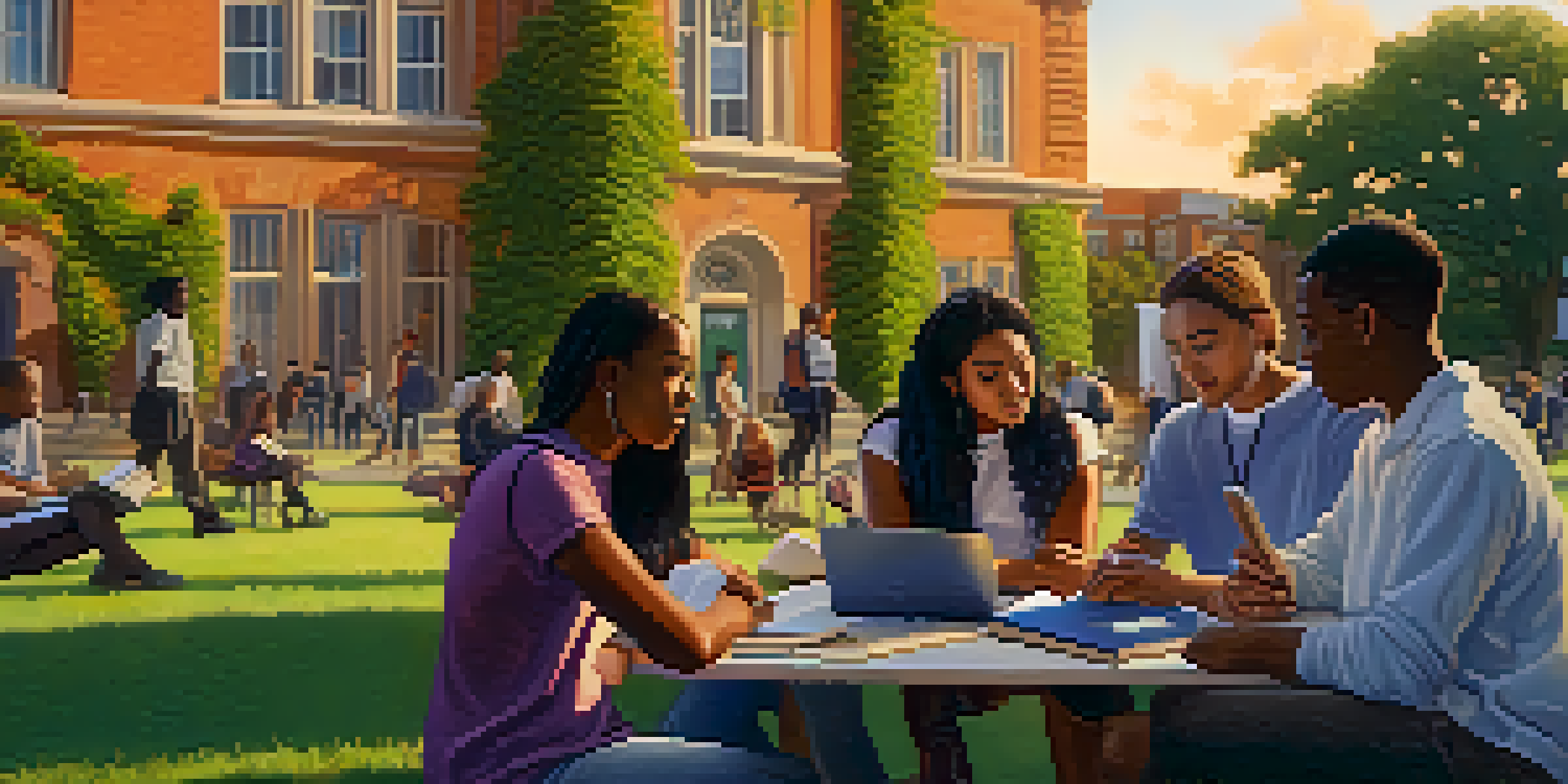 A group of diverse students discussing outdoors on a university campus during sunset, with historic buildings in the background.