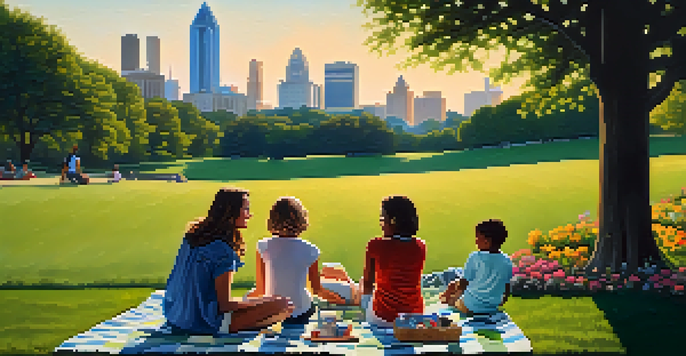 A family having a picnic on a blanket in Piedmont Park, with the Atlanta skyline in the background during sunset.