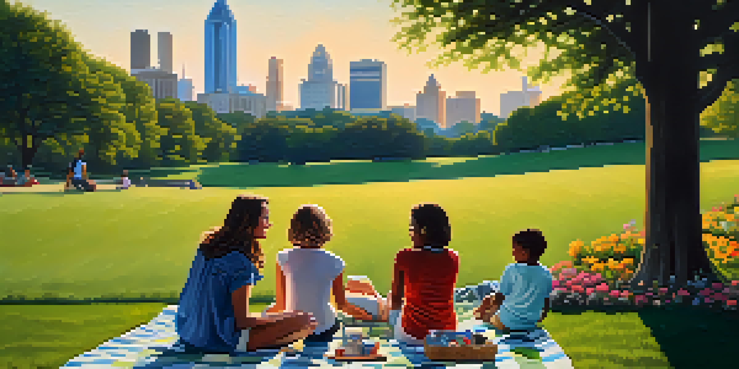 A family having a picnic on a blanket in Piedmont Park, with the Atlanta skyline in the background during sunset.