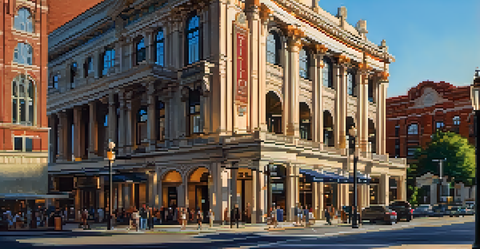 An exterior view of the Rialto Center with grand columns and intricate details, bathed in warm golden hour light, surrounded by people in downtown Atlanta.