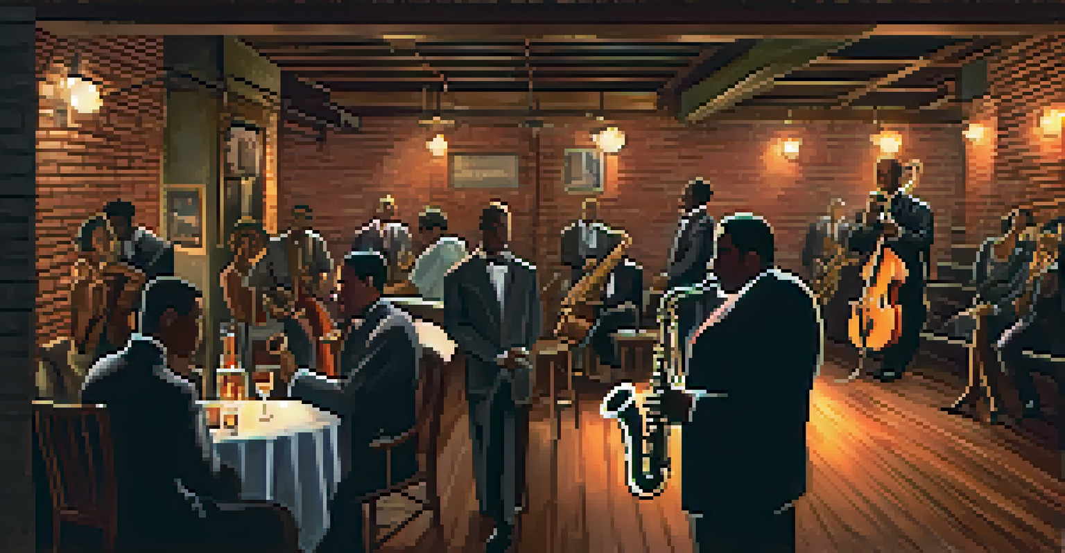 A cozy jazz club with a saxophonist performing on stage, surrounded by an attentive audience and vintage decor.