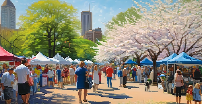 A lively spring festival in Piedmont Park with blooming dogwood trees, families enjoying the event, and colorful tents in the background.