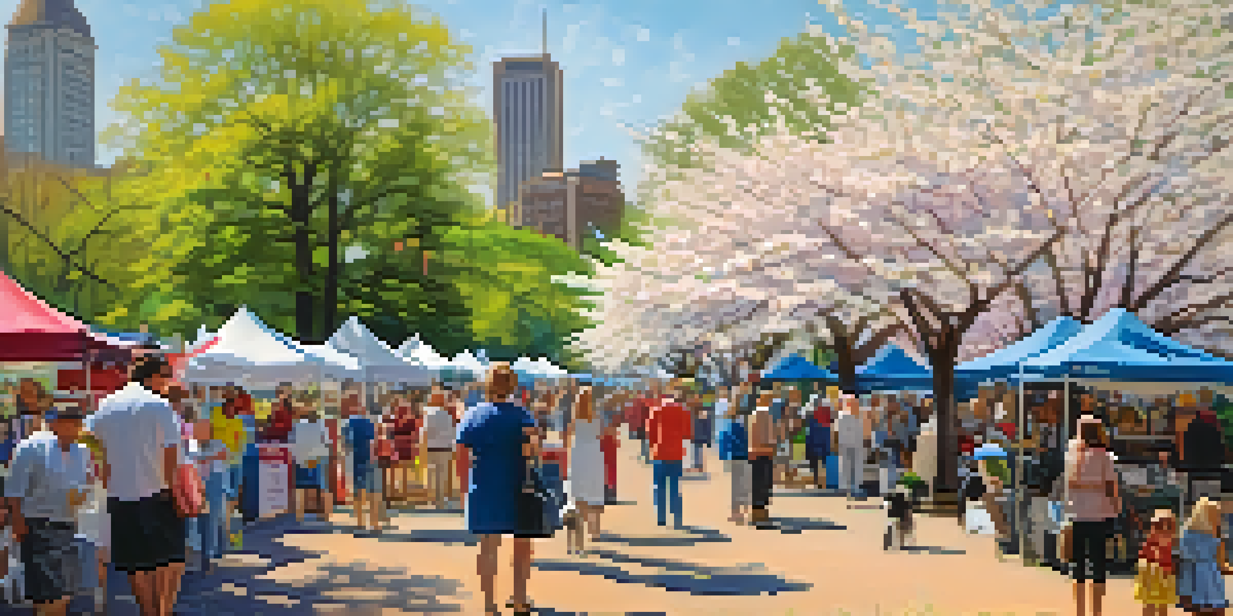 A lively spring festival in Piedmont Park with blooming dogwood trees, families enjoying the event, and colorful tents in the background.