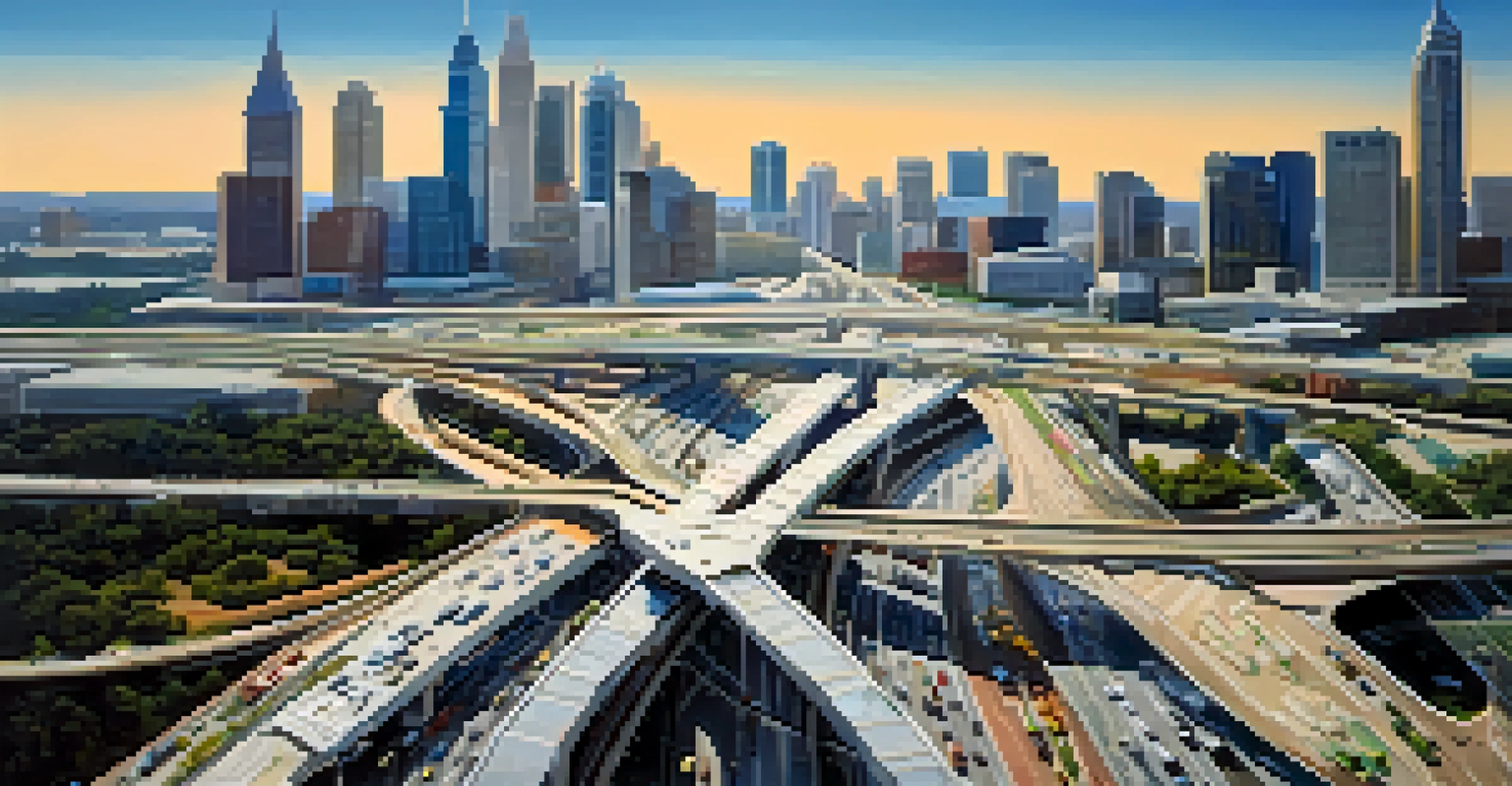 Aerial view of modern Atlanta highlighting its transportation hub status with highways and the airport.