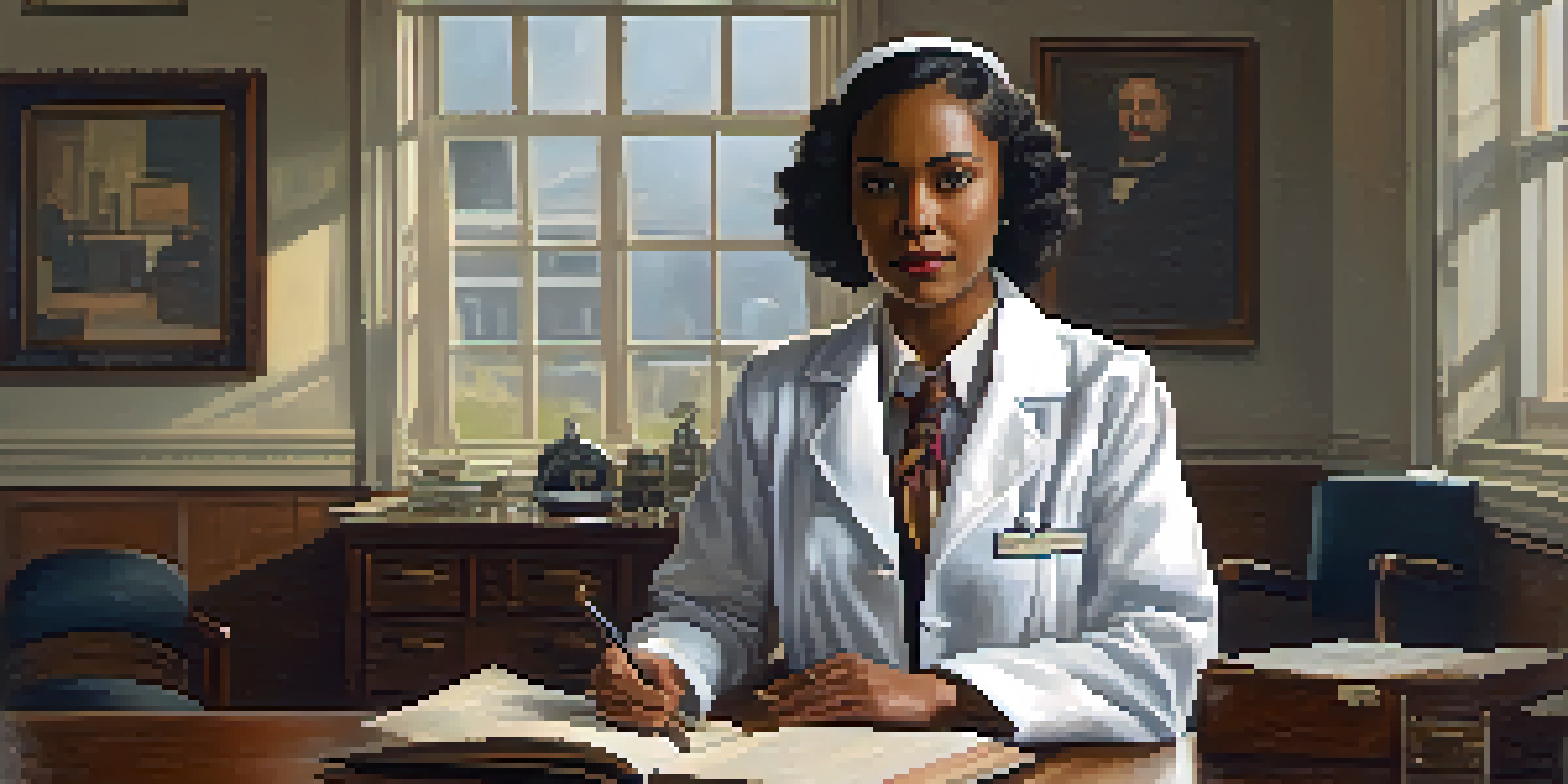 A historical portrait of Dr. Helen Octavia Dickens in a vintage medical office, showcasing her as a pioneering African American female physician.