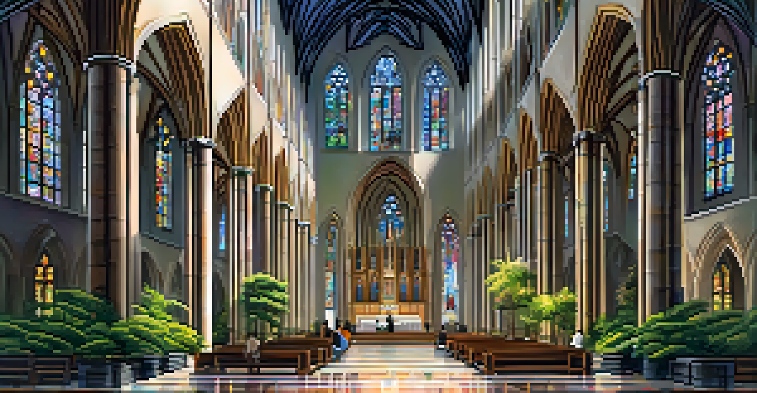 Interior view of the Cathedral of St. Philip with beautiful stained glass windows and people in quiet reflection.