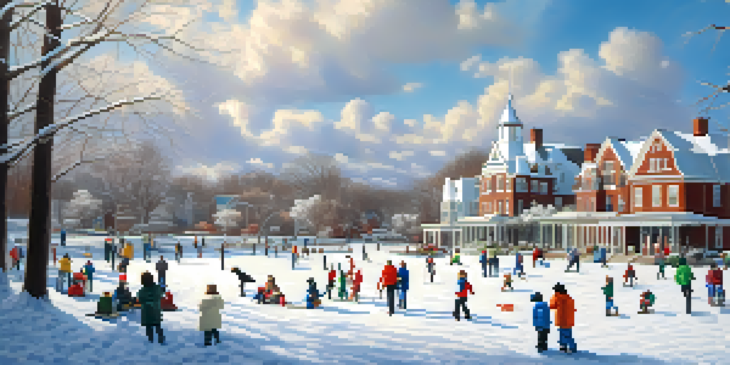 A winter scene in Atlanta with families playing in the snow, a city skyline in the background, and sunlight shining through clouds.