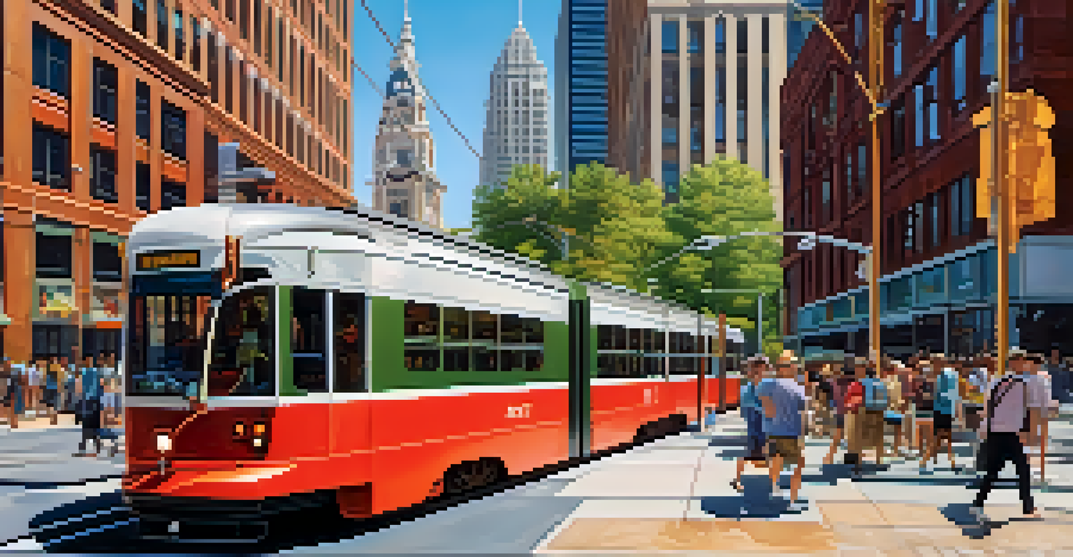 A modern streetcar in downtown Atlanta, with skyscrapers and pedestrians, showcasing a blend of historical and contemporary elements.