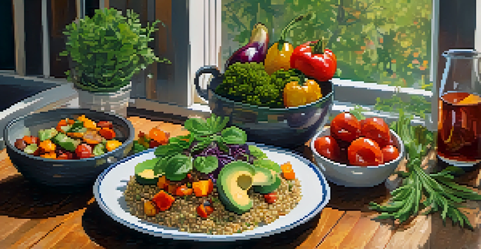 A colorful plant-based dish with roasted vegetables, quinoa, and avocado on a wooden table, bathed in soft natural light.