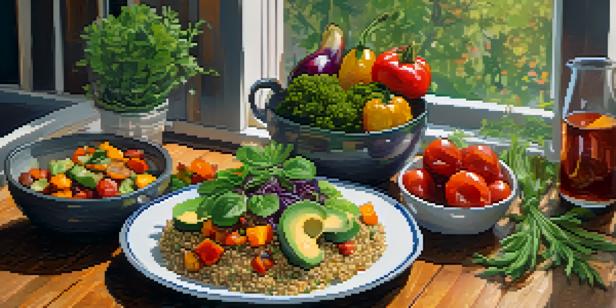 A colorful plant-based dish with roasted vegetables, quinoa, and avocado on a wooden table, bathed in soft natural light.