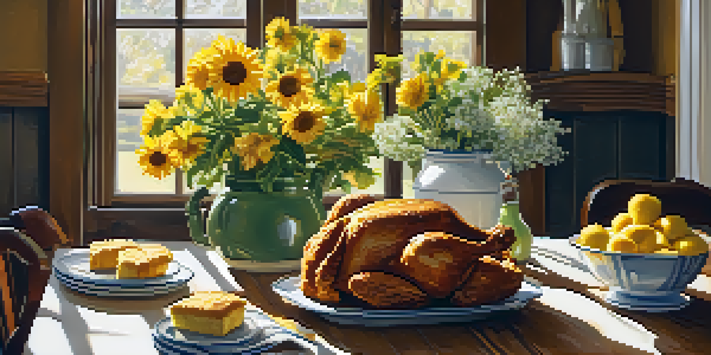 A sunlit Southern kitchen with a wooden table full of fried chicken, collard greens, and cornbread, decorated with fresh flowers.