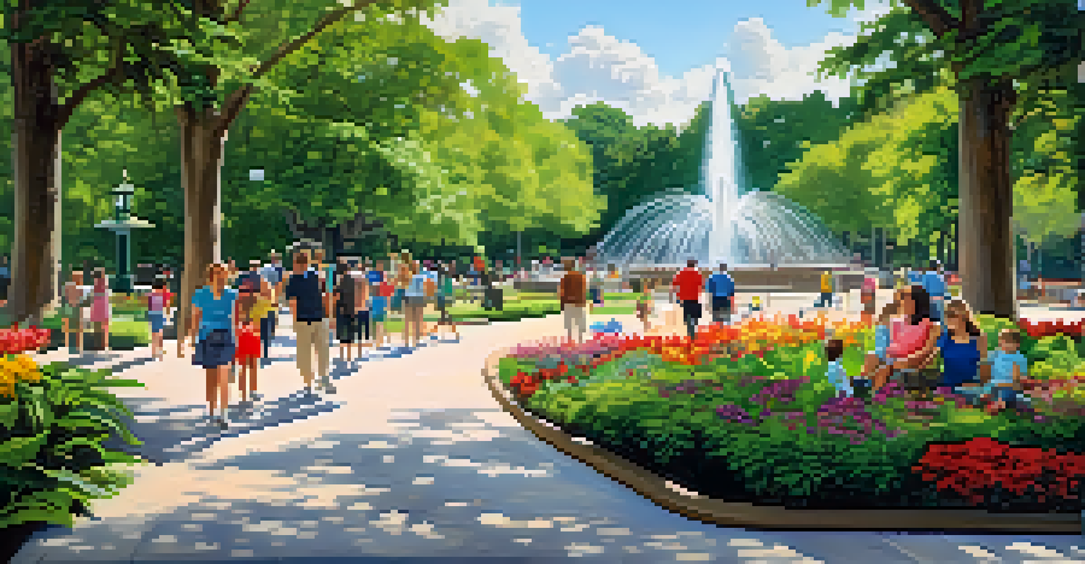 Families visiting the Atlanta Zoo in Grant Park, surrounded by greenery and colorful flowers.