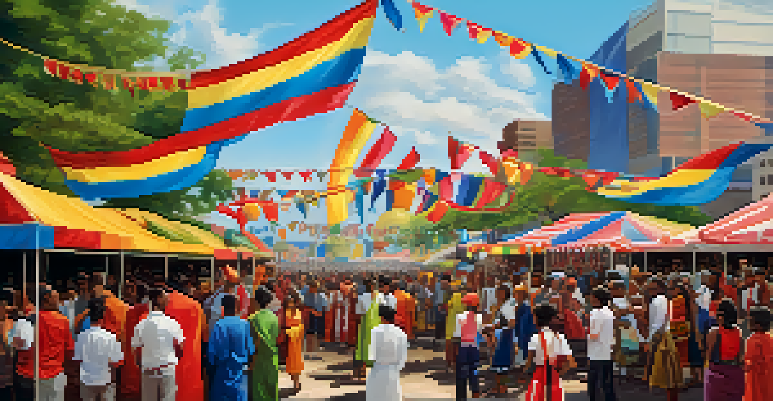 An outdoor festival in Atlanta with performers in traditional attire and a crowd enjoying international food.