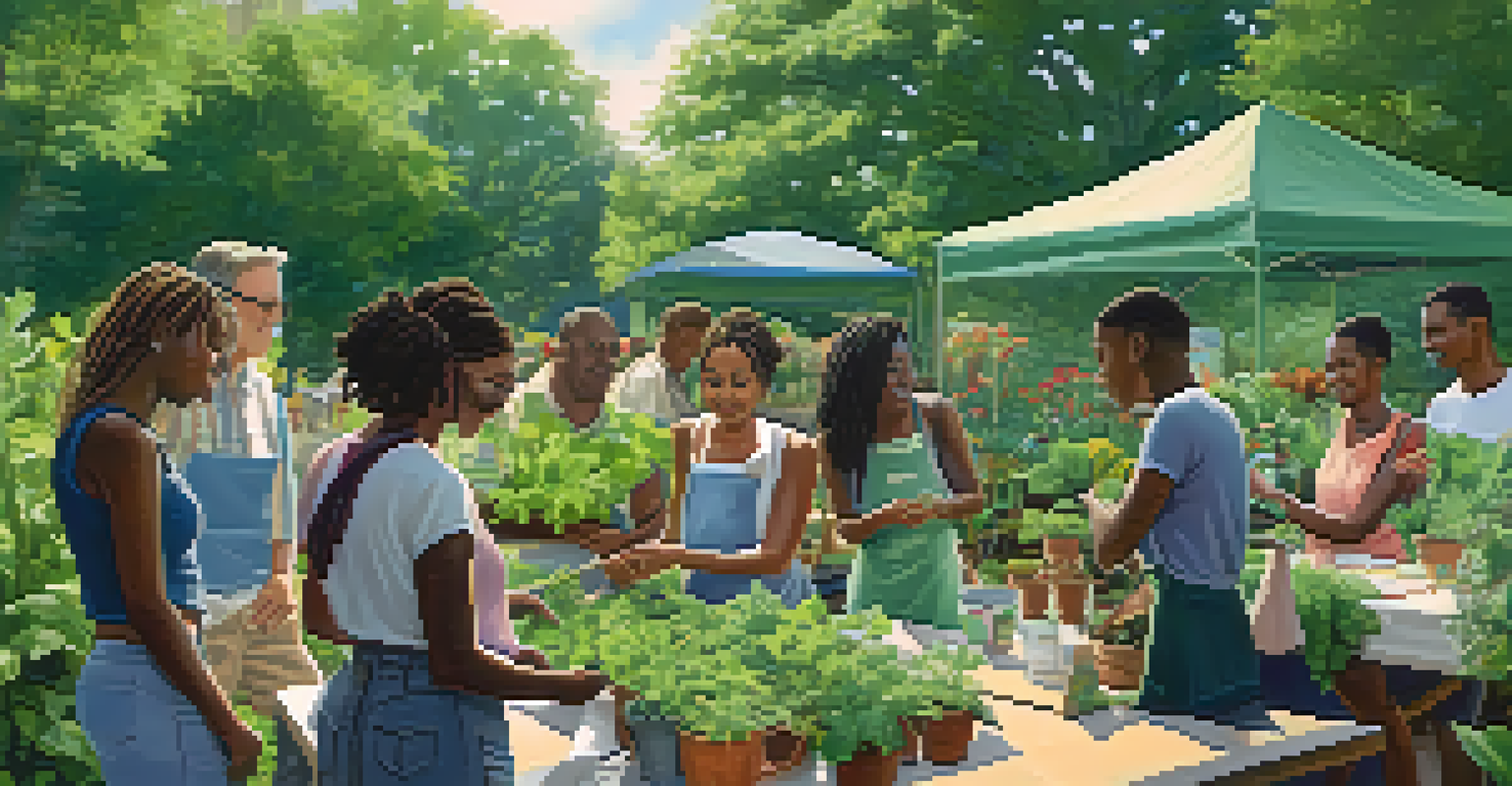 A group of people attending a gardening workshop in a community garden, surrounded by greenery and educational materials.