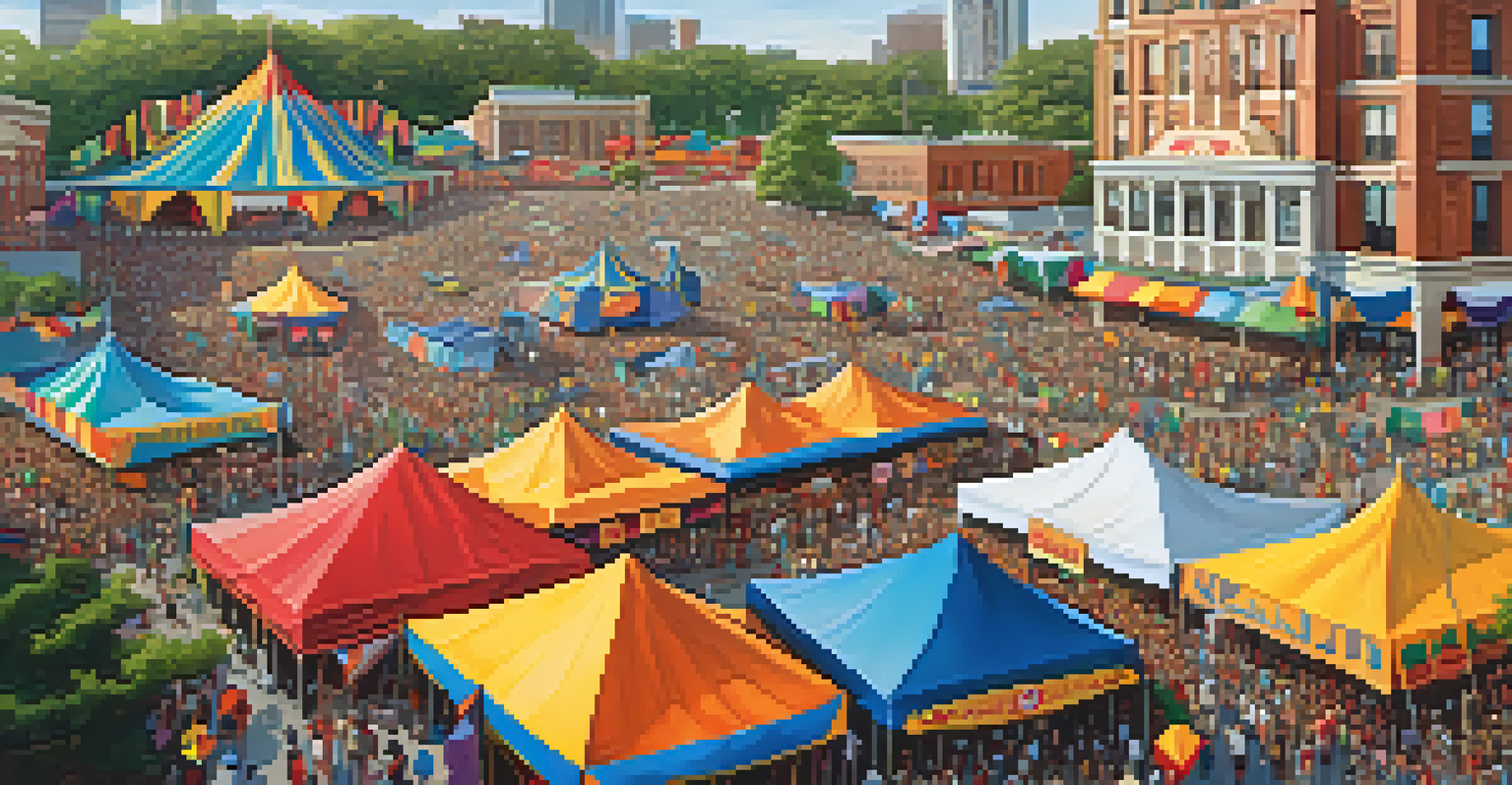 An aerial view of a cultural festival in Atlanta with diverse people enjoying food and music.