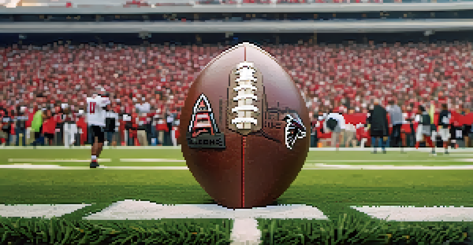 A close-up of a football with the Atlanta Falcons logo on the field, surrounded by cheering fans in the background.