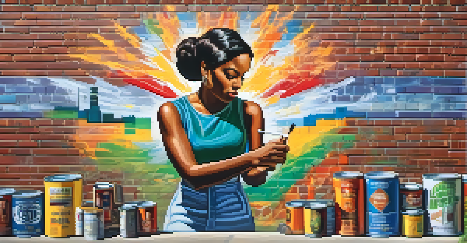 A woman painting a mural on a brick wall, showcasing scenes of unity and resilience from the Civil Rights Movement, with colorful imagery and art supplies around her.