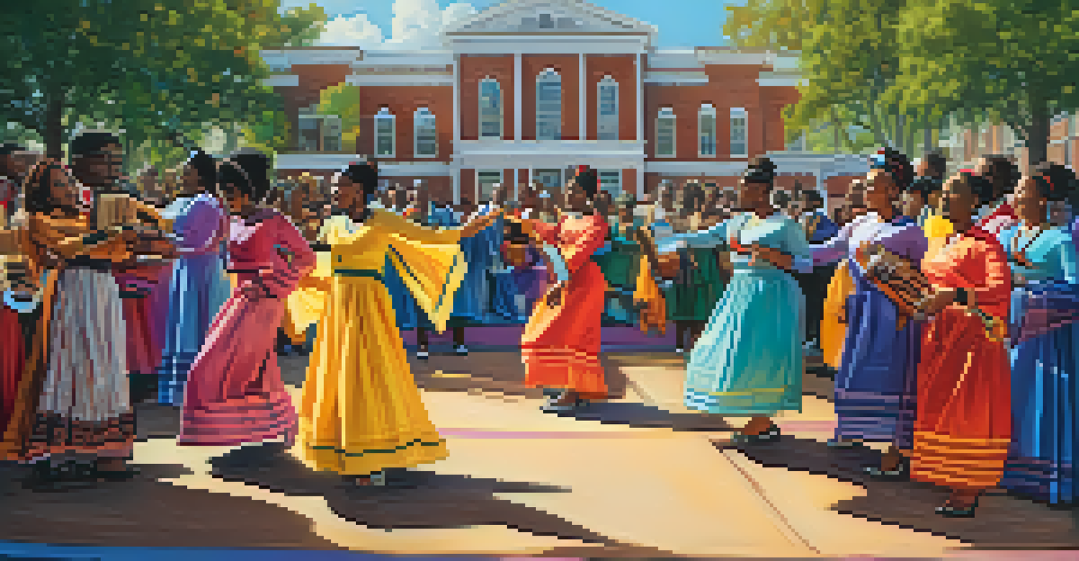 A cultural event at an HBCU in Atlanta, with performers on stage and a vibrant audience enjoying the show, surrounded by historic architecture.