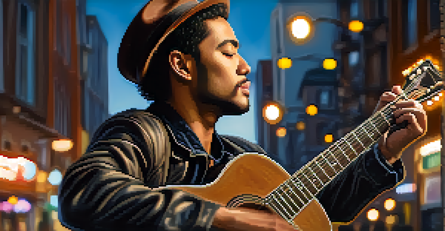 A close-up of a musician playing an acoustic guitar with blurred city lights in the background, highlighting the passion of the artist.