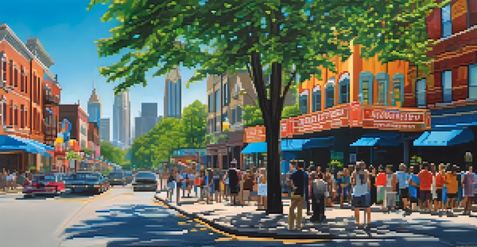 A lively street festival in Atlanta with historic and modern buildings, vibrant banners, and people enjoying the event.