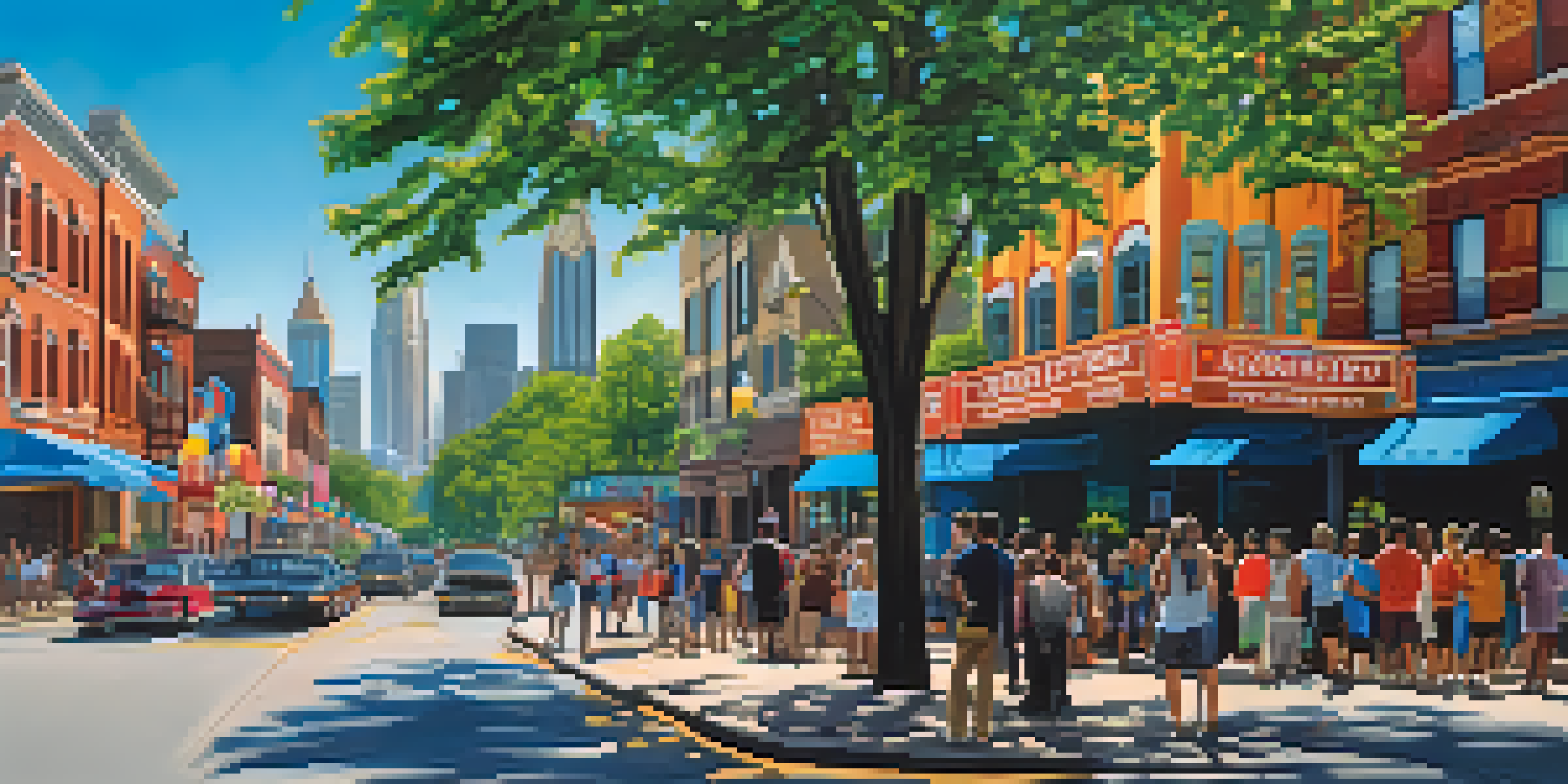 A lively street festival in Atlanta with historic and modern buildings, vibrant banners, and people enjoying the event.