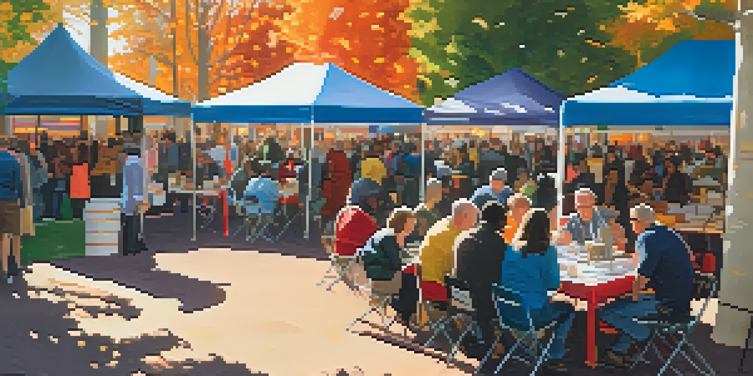 A lively book festival in Atlanta with diverse attendees and authors discussing literature among colorful tents and autumn trees.