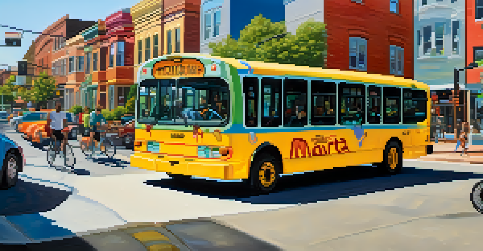 A MARTA bus navigating through a lively Atlanta neighborhood, surrounded by street art and local businesses, under a sunny sky.