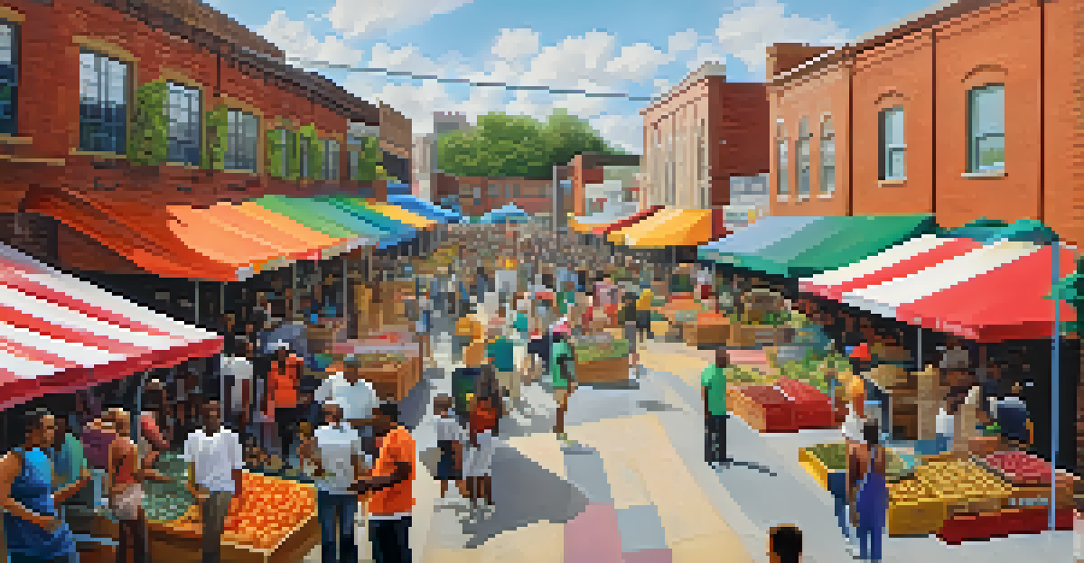 A bustling outdoor market in East Atlanta Village, featuring local shops and food stalls.