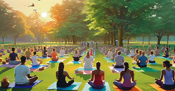 Participants of different ages practicing yoga in a green park with a serene sunset background.