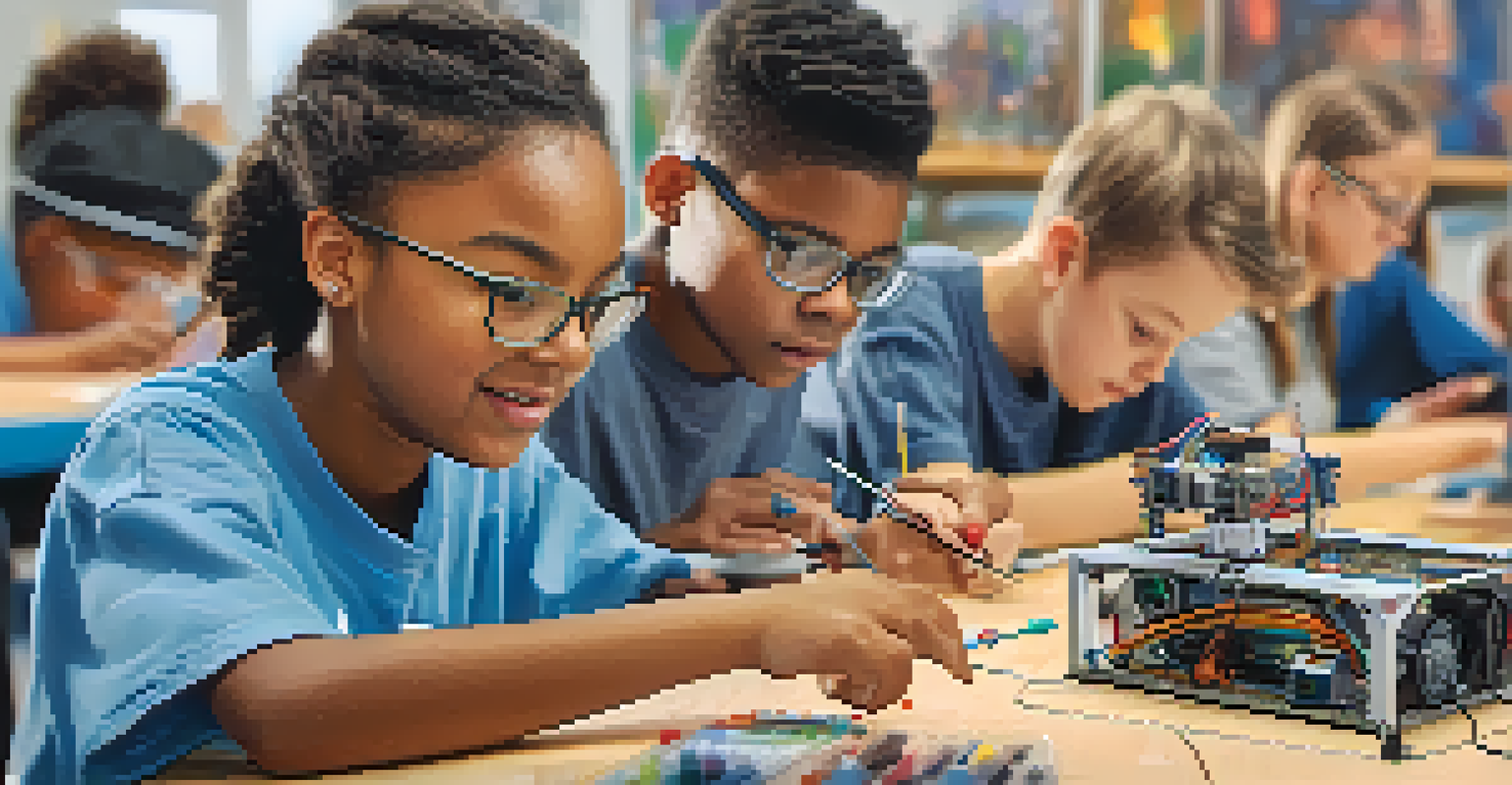 Students in a STEM class in Atlanta building a robot, showcasing excitement and focus in a tech-equipped classroom.