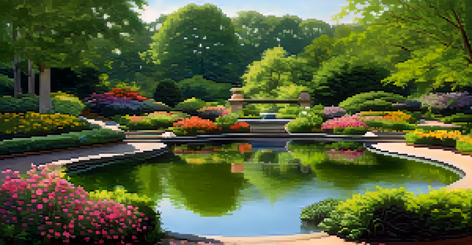 A peaceful scene in the Atlanta Botanical Garden with lush plants, vibrant flowers, and a reflective pond, capturing visitors enjoying the serene environment.