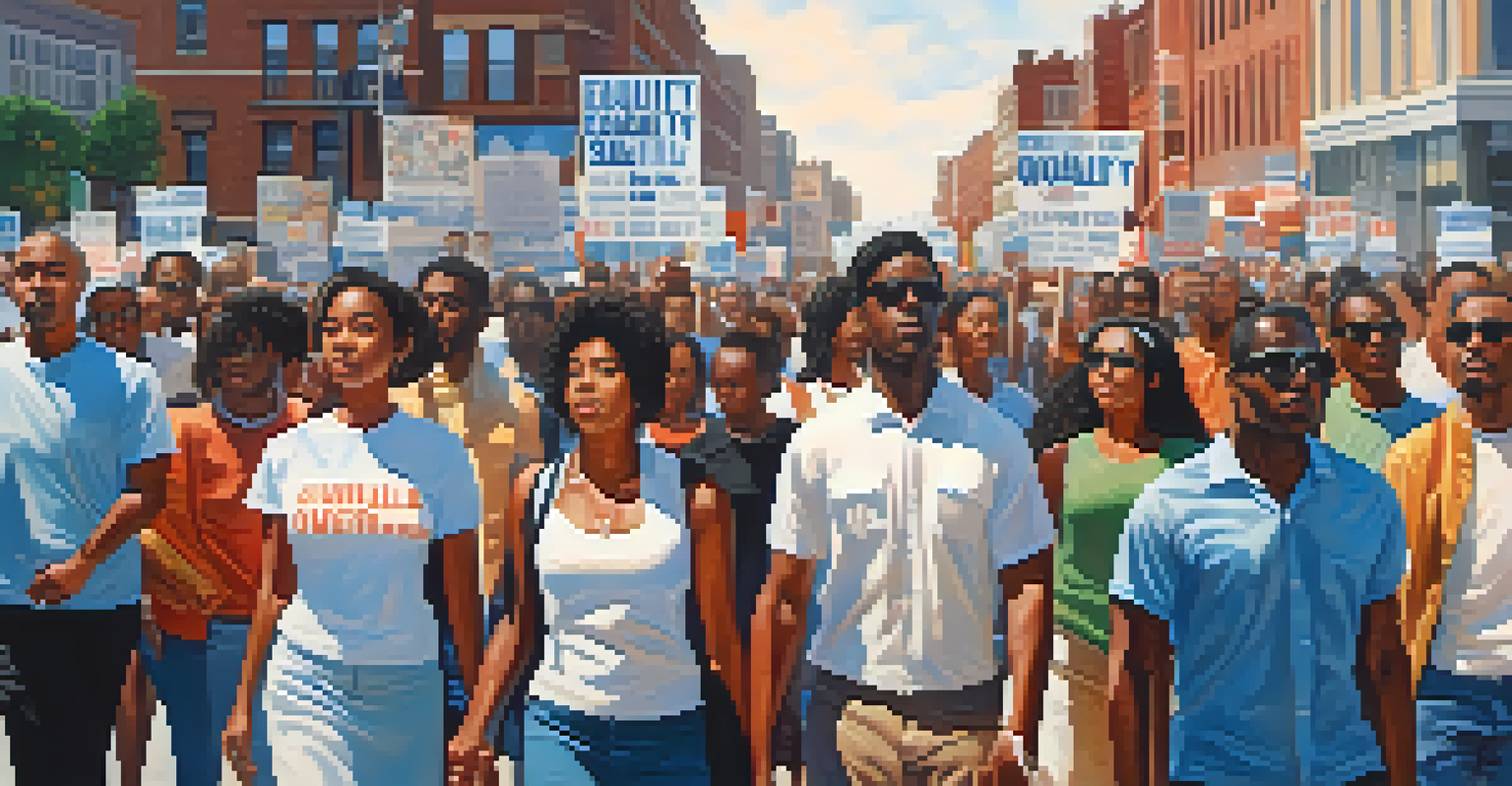 A peaceful civil rights march with diverse participants holding signs for equality and love, set against an urban backdrop.