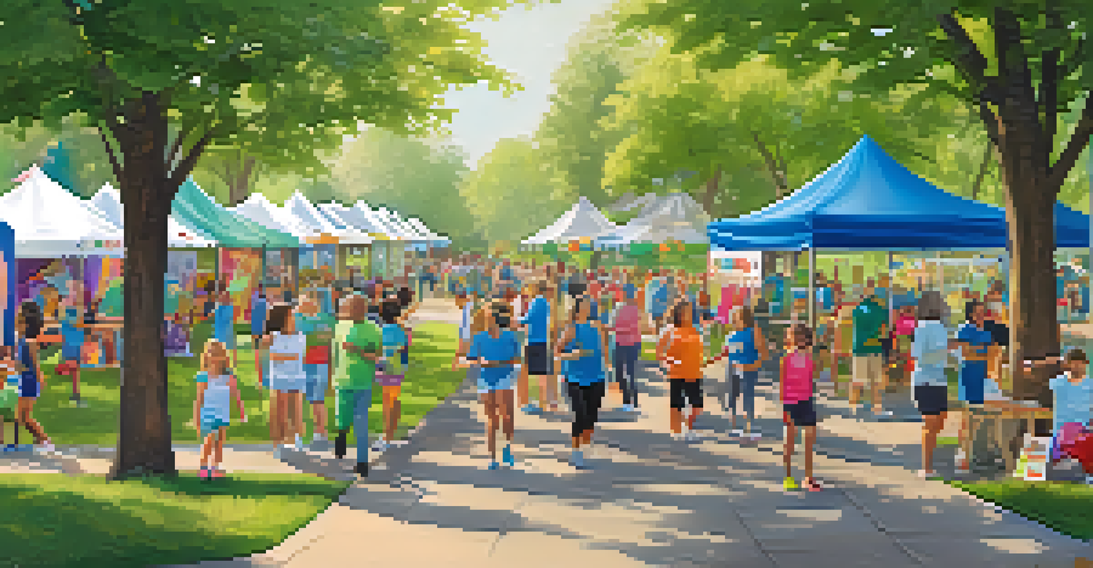 A wellness fair in a park with booths offering health information, fitness demonstrations, and families engaging in outdoor activities surrounded by greenery.