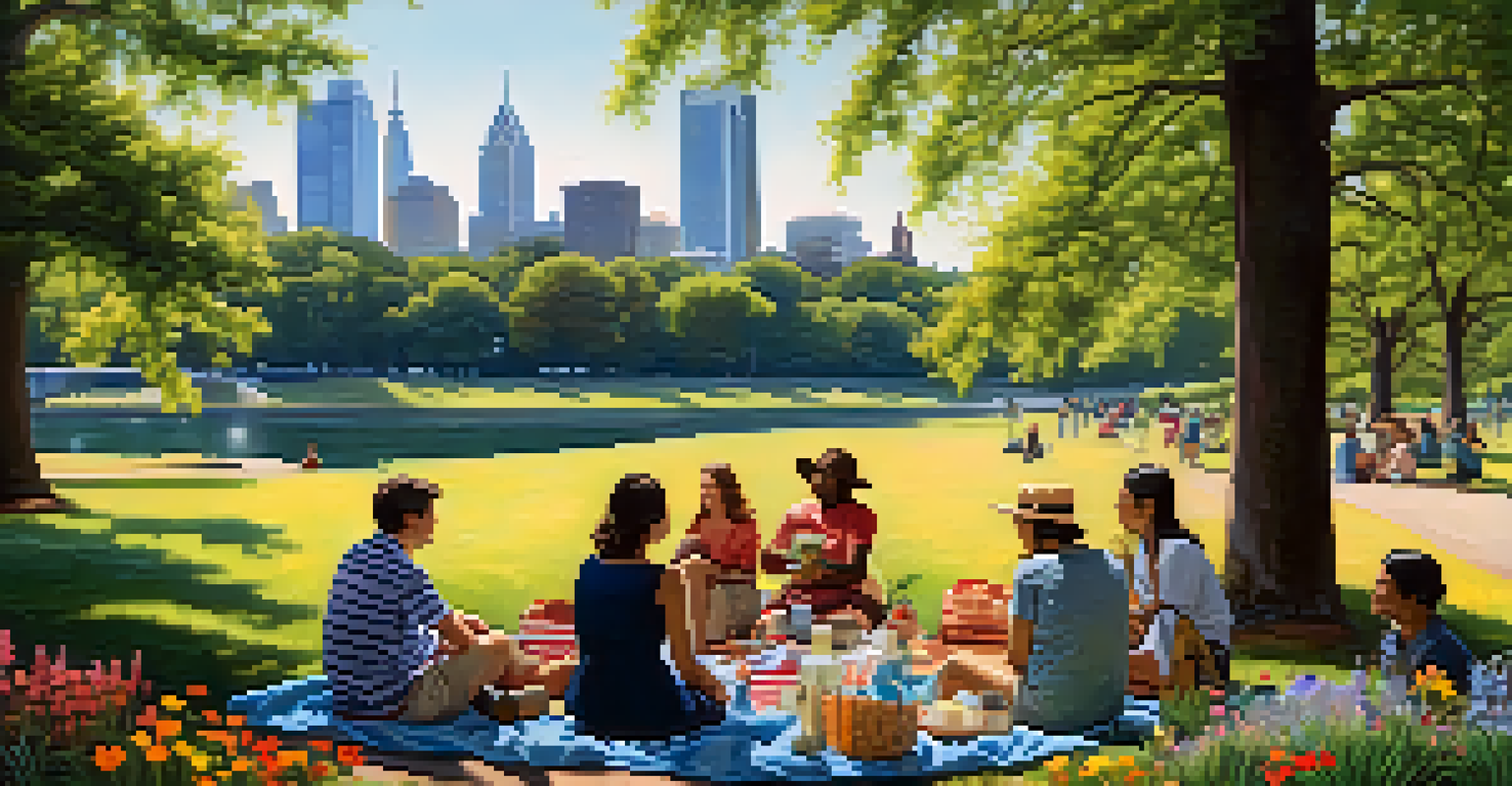 People having a picnic in Piedmont Park with the city skyline and native plants in the background.