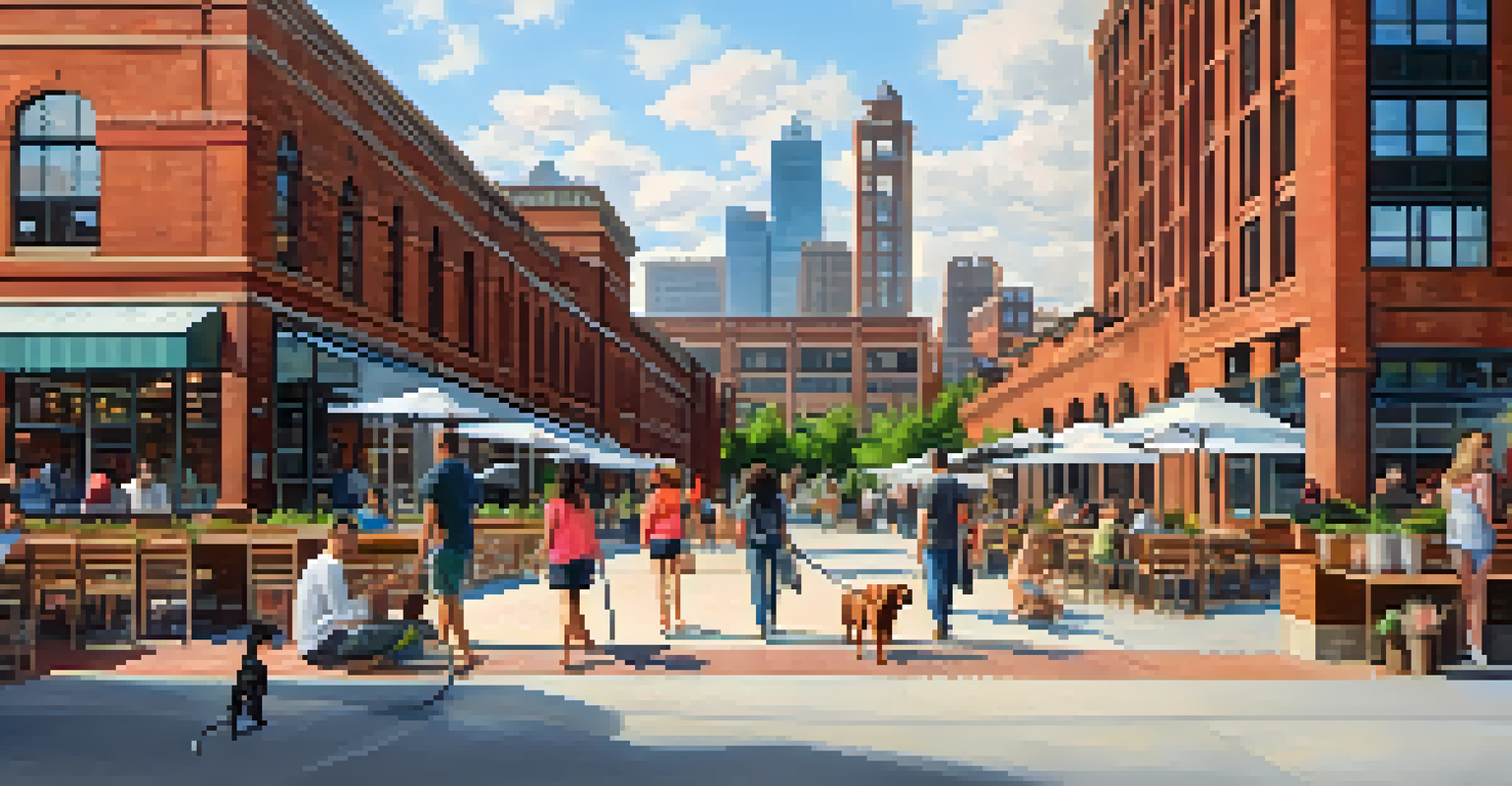 A lively scene at Ponce City Market with pet owners walking dogs and people dining outdoors amidst urban shops.