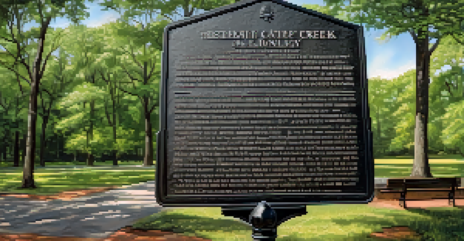 A historical marker detailing the Battle of Peachtree Creek, surrounded by lush suburban greenery and walking paths.