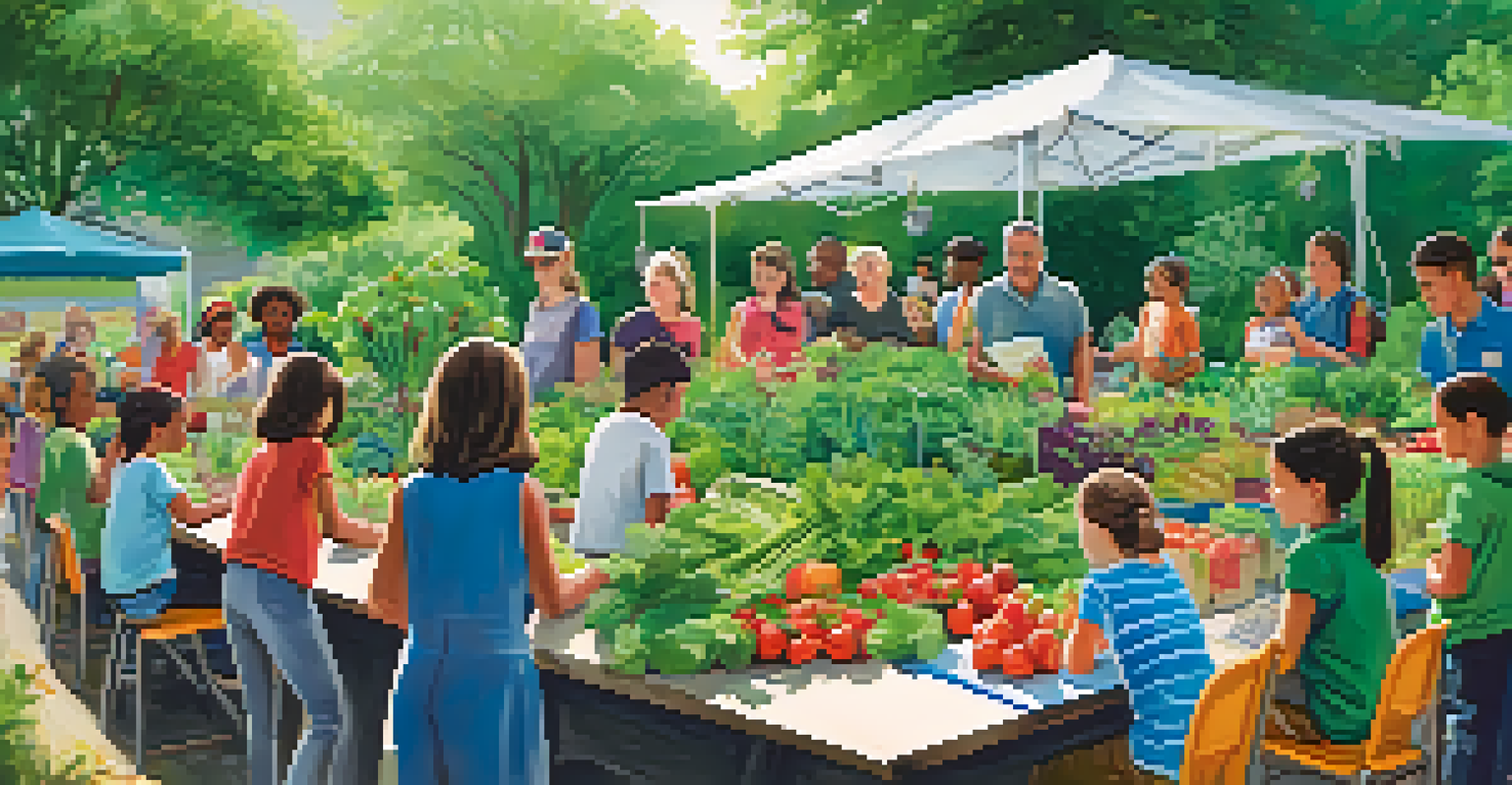 A diverse group of children and adults participating in a gardening workshop in a community garden, with fresh vegetables on display.