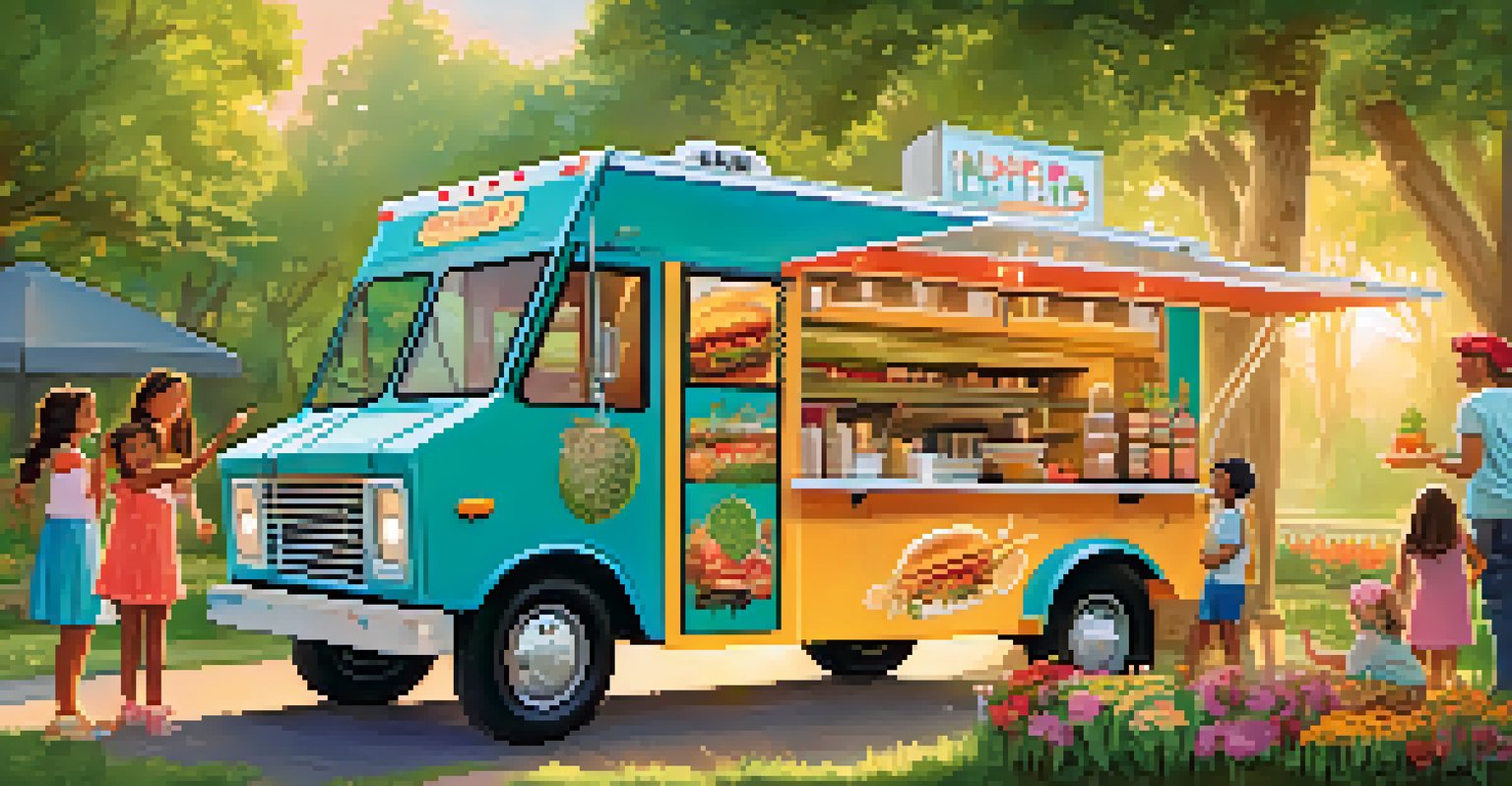 An eco-friendly food truck in a park, with a family enjoying the outdoor dining experience.