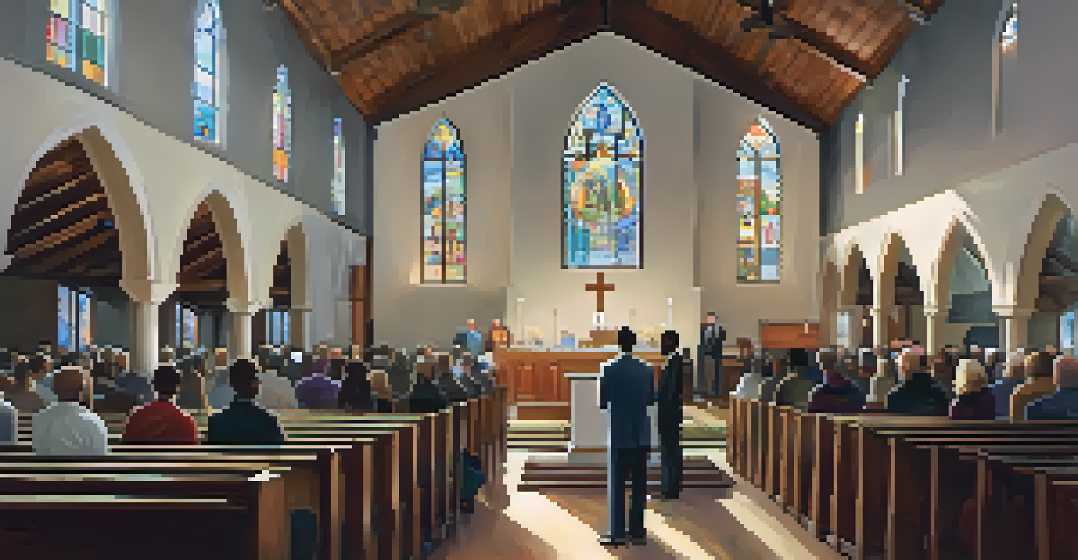 A pastor giving an inclusive sermon to a diverse congregation in a warmly lit church with stained glass windows.