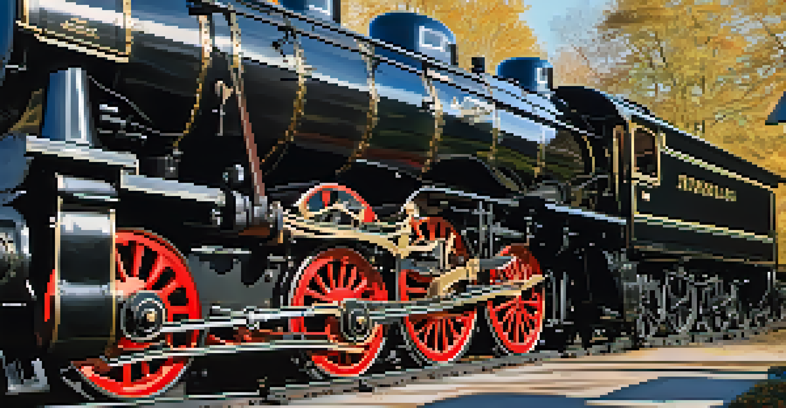 A detailed view of a vintage steam locomotive in sunlight, with historical exhibits in the background.