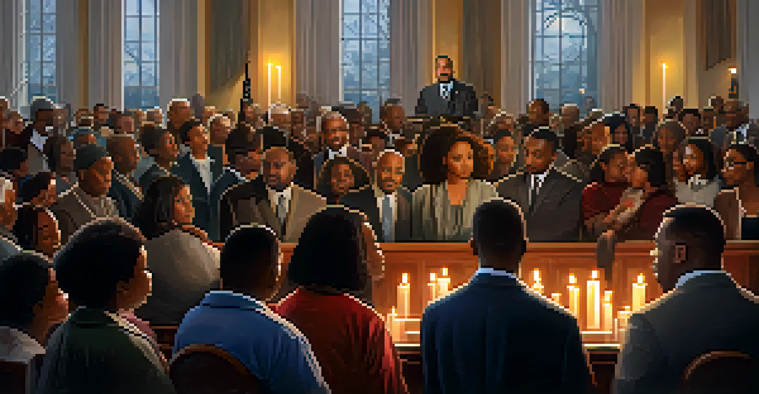 A diverse group of people attending a Martin Luther King Jr. Day service, holding candles and listening to a speaker on stage, creating an atmosphere of unity and hope.